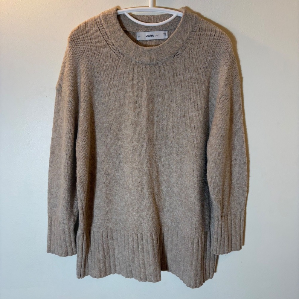 Zara Knit Crewneck Sweater Size Small Oatmeal Beige Ribbed Pullover